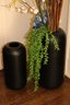 Two Restoration Hardware Hand Blown & Carved Glass Vases In Black With Faux Flowers