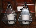 Two Pairs Of Stylish Contemporary Lanterns In Glass In Glass & Wood With Battery Candles