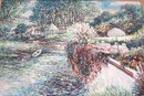 Impressionist Style Landscape Painting Of Lake Side Villa & Springtime Trees In Bloom Signed Lower Right