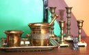Collection Of Brass Miniatures Includes Candlesticks, Mortar & Pestles