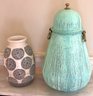 Handmade Turkish Copper Urn With Lid & Overall Green Patina & Ceramic Vase With Arabesque Design