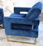 Pair Of Fabulous Royal Blue Velvet Modern Armchairs With Cut Out Sides And Brass Legs Like New!