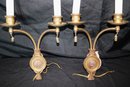 Antique Asian Style Brass Electrified Wall Sconces With Fisherman Emblem