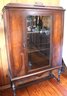 Antique Wood China Cabinet With A Glass Door Includes A Carved Wood Box With Dragon Motif /blue Accent In