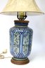 Pair Ceramic Hand Painted Lamps With Flowers On Blue Background
