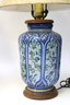 Pair Ceramic Hand Painted Lamps With Flowers On Blue Background