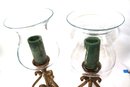 Pair Of Pretty Hurricane Glass Candle Garnitures