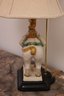 Vintage Crackle Camel Lamp With Molded Face Design And Linen  Shade.