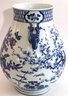 Large Decorative Blue & White Vase With Hand Painted Ornamental Trees, Peacock & Deer Head Handles