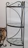 Wrought Iron Corner Stand With Glass Shelves, Wrought Iron Magazine Holder & Rattan Basket
