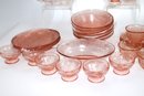 Set Of Pink Depression Glass Dishes With Delicate Raised Floral Pattern