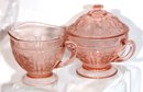 Set Of Pink Depression Glass Dishes With Delicate Raised Floral Pattern