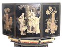Carved Black Lacquered Decorative Box With Gold Painted Landscape Scenery 18.5 Inches Tall