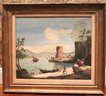 Antique Oil Painting Of Lake Castle With Boats And Fishermen Signed L. Collins