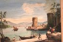 Antique Oil Painting Of Lake Castle With Boats And Fishermen Signed L. Collins