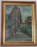 Signed Oil On Board An Ancient Stone Cathedral And Tree Lined Walkway.