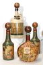 Lot Of 7 Leather Covered Glass Decanters With Designs Of Maps & Ships Made In Italy