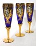 Beautiful Italian Hand Painted Blue Glass Liqueur / Cordials Glass Set With Gold Overlay