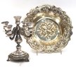 Intricately Embossed Sterling Silver Bowl With Grapes & Flowers & Miniature Sterling Ben Zion Candelabra