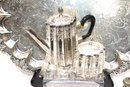 Large Antique Silver-plated & Engraved Serving Tray With 4-piece Tea Set And S & P