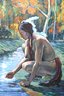 Evocative Painting Of Crouching Native American Warrior By Woodland Stream