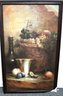 Large Still Life Painting With Basket Of Grapes, Jug Of Wine & Summer Fruit In Handsome Leather Frame