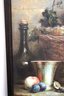 Large Still Life Painting With Basket Of Grapes, Jug Of Wine & Summer Fruit In Handsome Leather Frame