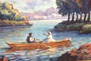 Impressionist Style Painting Of Lovers On Rowboat In Mountainside Ake Signed By Artist