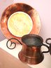 Lot With Large Copper Fruit Bowl, Decorative Copper Plate On Stand & Pitcher.