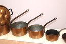 Lot With 5 Vintage Copper Pots & Pans, 1 With Embossing Of Mountain Village