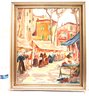 Framed Post-impressionist Painting Of European Market Scene Signed Attributed To Artist In Silvered Frame