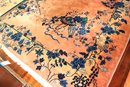 Beautiful Art Deco Chinese Handmade Wool Rug With Blue Flowers On Peach Background
