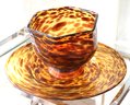 Large Art Glass Centerpiece Bowl & Platter Of Tortoiseshell Design Made In Italy By TF Art Glass