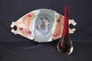 Modern Handcrafted Pottery Platter With Interesting Colors, Graceful Murano Art Glass Vase
