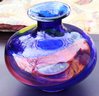 Seguso Murano Art Glass Vase With Blue Background And Swirls Of Yellow & Pink Made In Italy