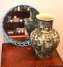 Porcelain Pictorial Vase With Asian Motif & Mirrored Tray With Intersecting Aqua Blue Circles