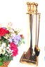Fireplace Tool Set With Brass Handle Includes A Stand & Decorative Floral Basket