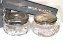 Two Antique Cosmetic Jars With Sterling Silver Tops, & Sheffield England Magnifying Glass And Letter Open