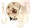 Hand Painted Wall Plate From Schwarzenhammer Bavaria Germany Of Lovers Courting, Includes 3 Glass Decanters.
