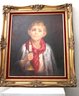 Signed Painting Of Lost Little Boy With Tears And Holding A Candle In Antique Style Gold Frame