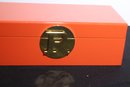 Contemporary Lacquered Orange Box By C Wonder With Brass Letter R Closure.