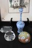 Lot Of 8 Vintage Decorative Items With Waterford Decanter, Tiffany Paperweight, Signed Fish Server, Brass