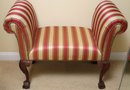 Custom Striped Upholstered Rolled Arm Carved Wood Bench With Claw Feet And Nail Head Accents Throughout