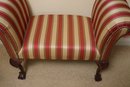 Custom Striped Upholstered Rolled Arm Carved Wood Bench With Claw Feet And Nail Head Accents Throughout