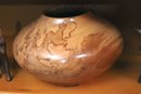 Large Hand Turned & Signed Burlwood Vase & Carved Wood Bull With Sterling Highlights