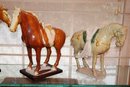 Group Of 3 Terracotta Tang Horses In Brown & White