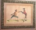 Pair Of Hand Colored Sword Fighting Prints In Antique Frames
