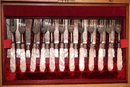 Gorgeous & Rare 24 Piece English Fish Set Sterling Blades And Forks Plus MOP Handles Hallmarks & Wood Box