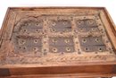 Vintage Rustic Indian Carved Wood Door Top Coffee Table With Brass Accents