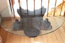 Ornate Vintage Hand Carved Wood Table Base With A Round Glass Top